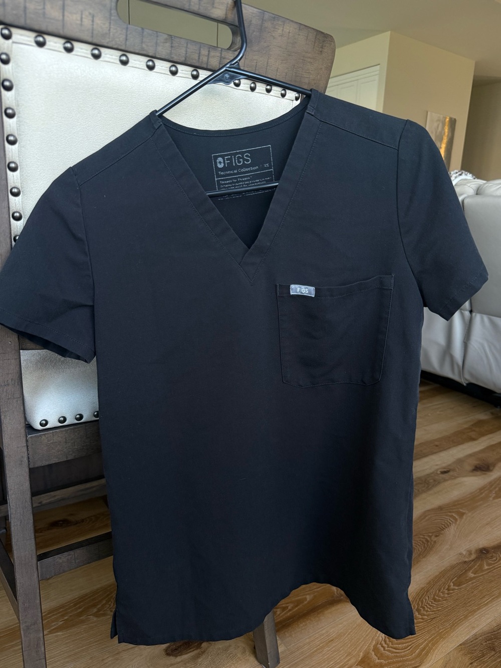 Figs Black V-Neck Scrub Top with Chest Pocket